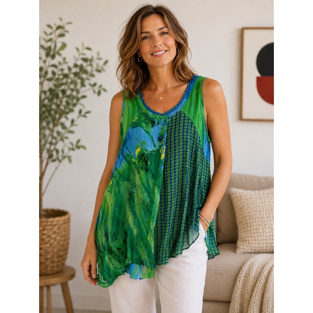 Mirror Image Tank Top Womens PS Green Blue Abstract Mixed Print Layered Boho